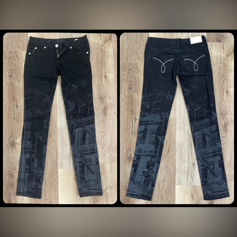 VTG Calvin Klein Black City Buildings Staircase Graphic Print Skinny Jeans 25x32